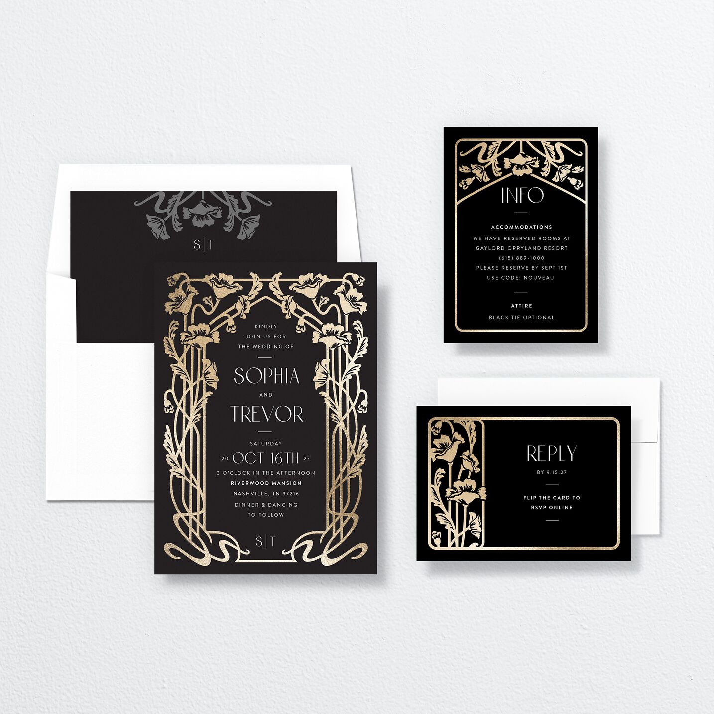 Gilded Nouveau Wedding Invitations suite in black