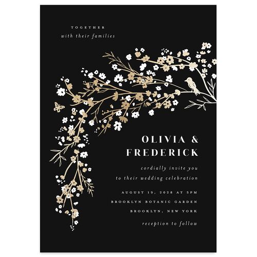Cherry Blossoms Wedding Invitations Gold Charcoal Signature Blank No Standard