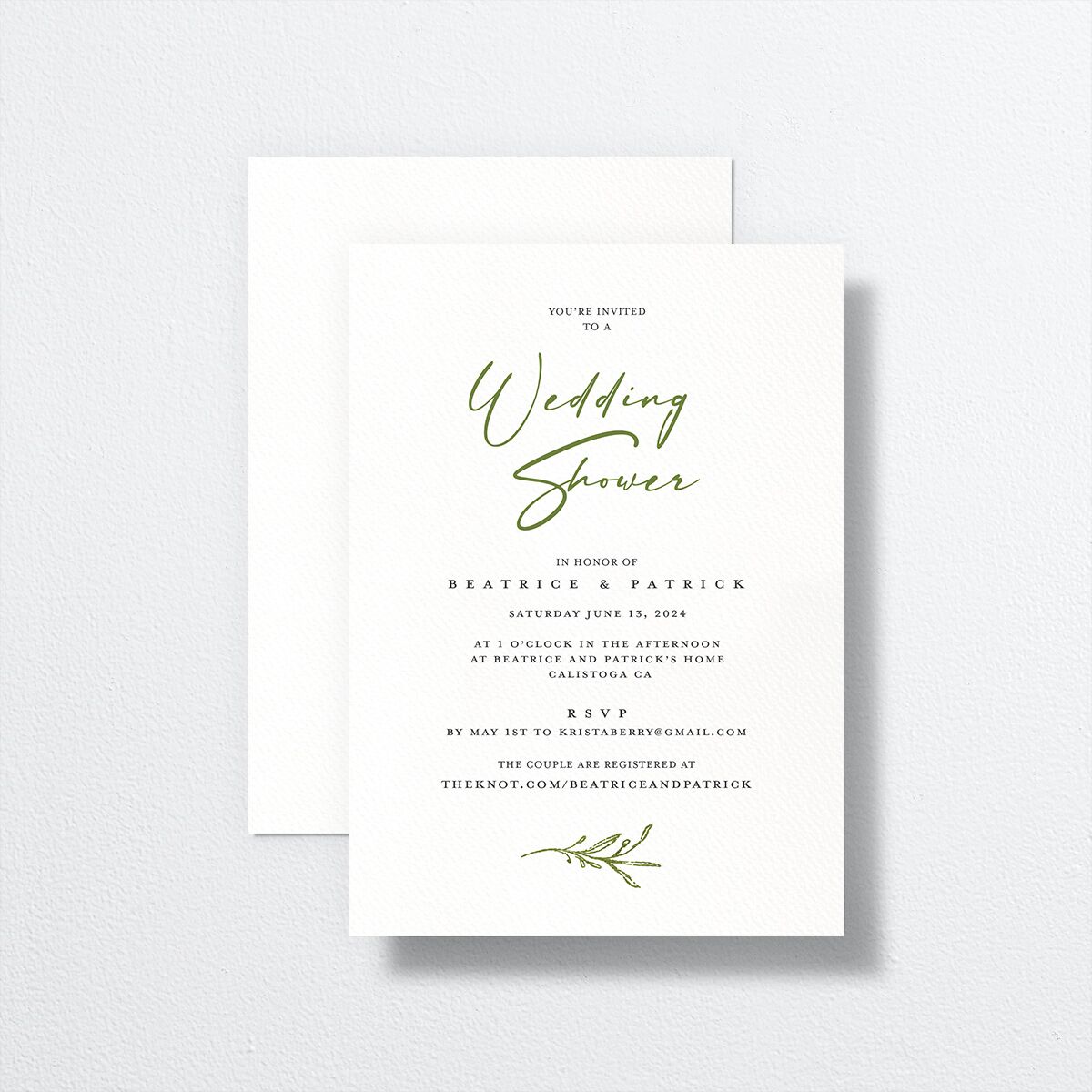 Romantic Setting Bridal Shower Invitations front-and-back in Green