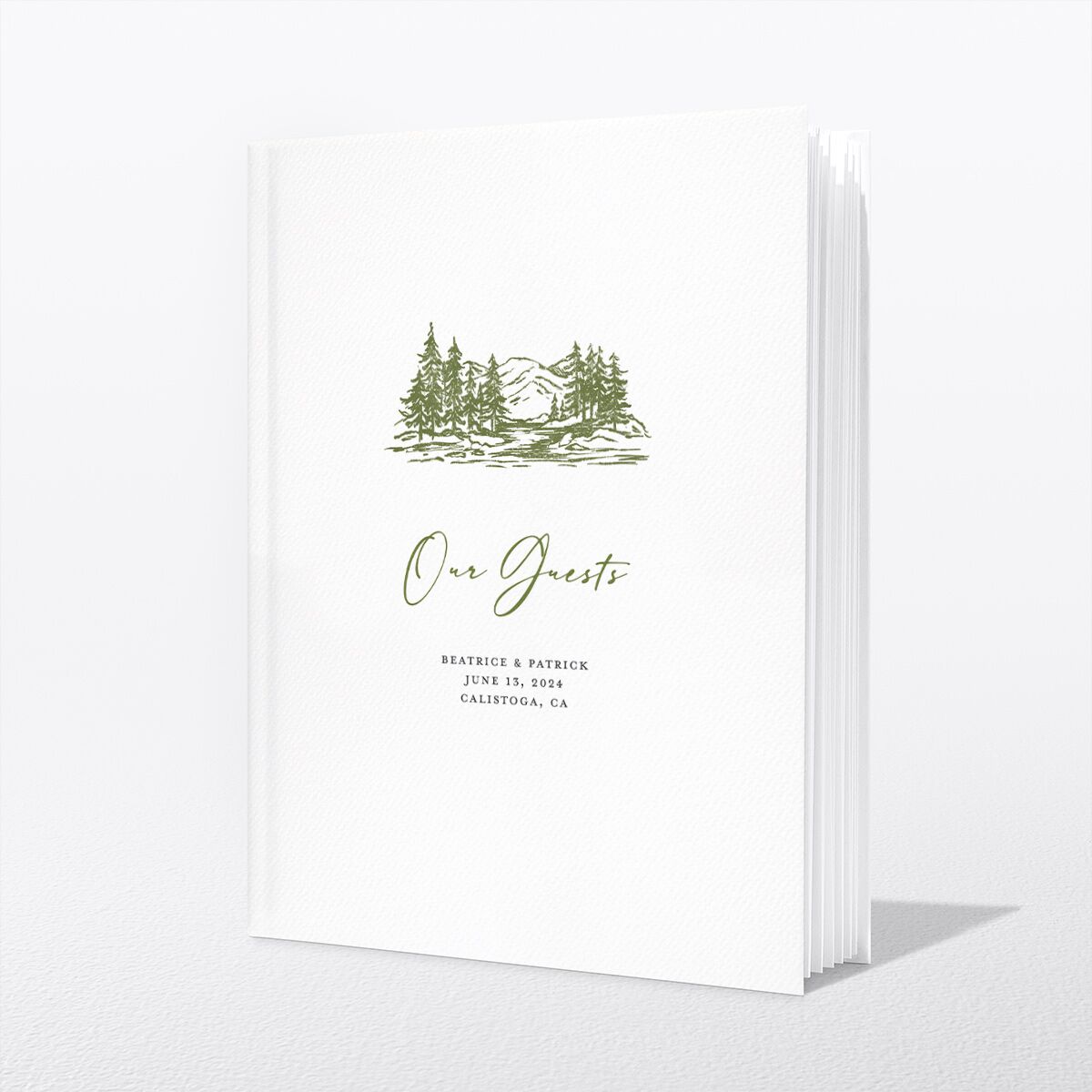 Romantic Setting Wedding Guest Book front in Green