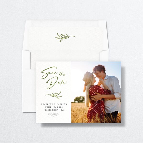 Romantic Setting Save The Date Cards envelope-and-liner in Green