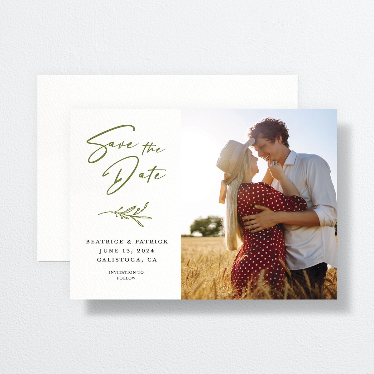 Romantic Setting Save The Date Cards front-and-back in Green