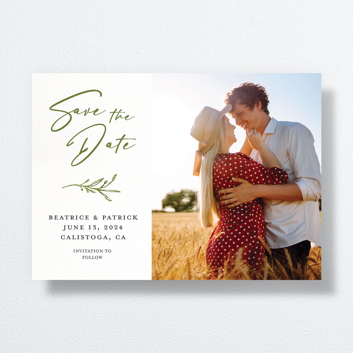 Romantic Setting Save The Date Cards front in Green