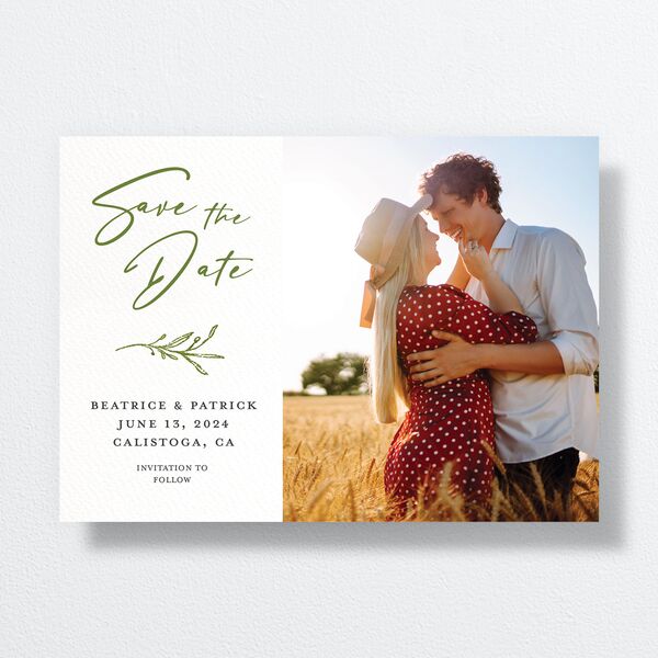 Romantic Setting Save The Date Cards front in Green