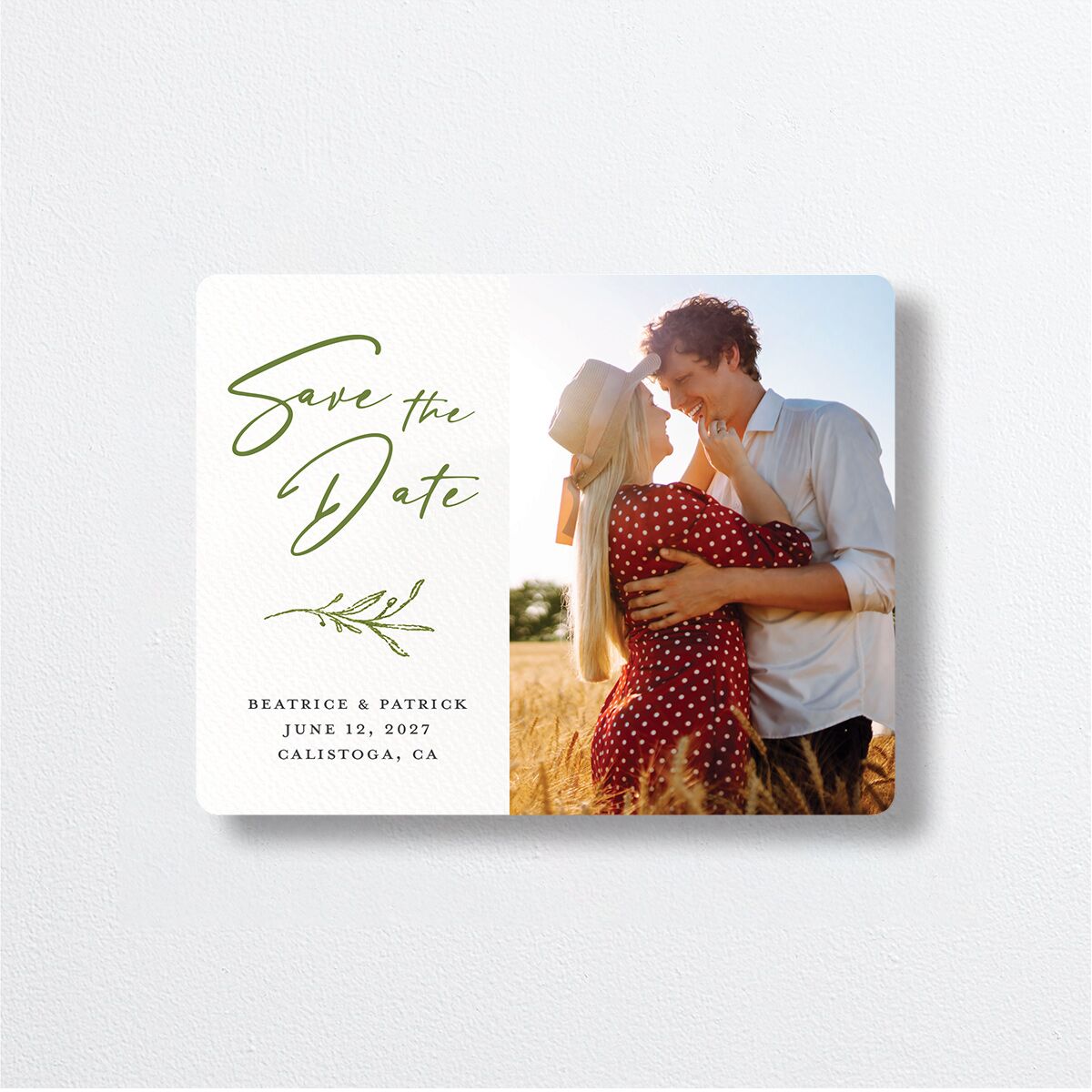 Romantic Setting Save The Date Magnets front in Green