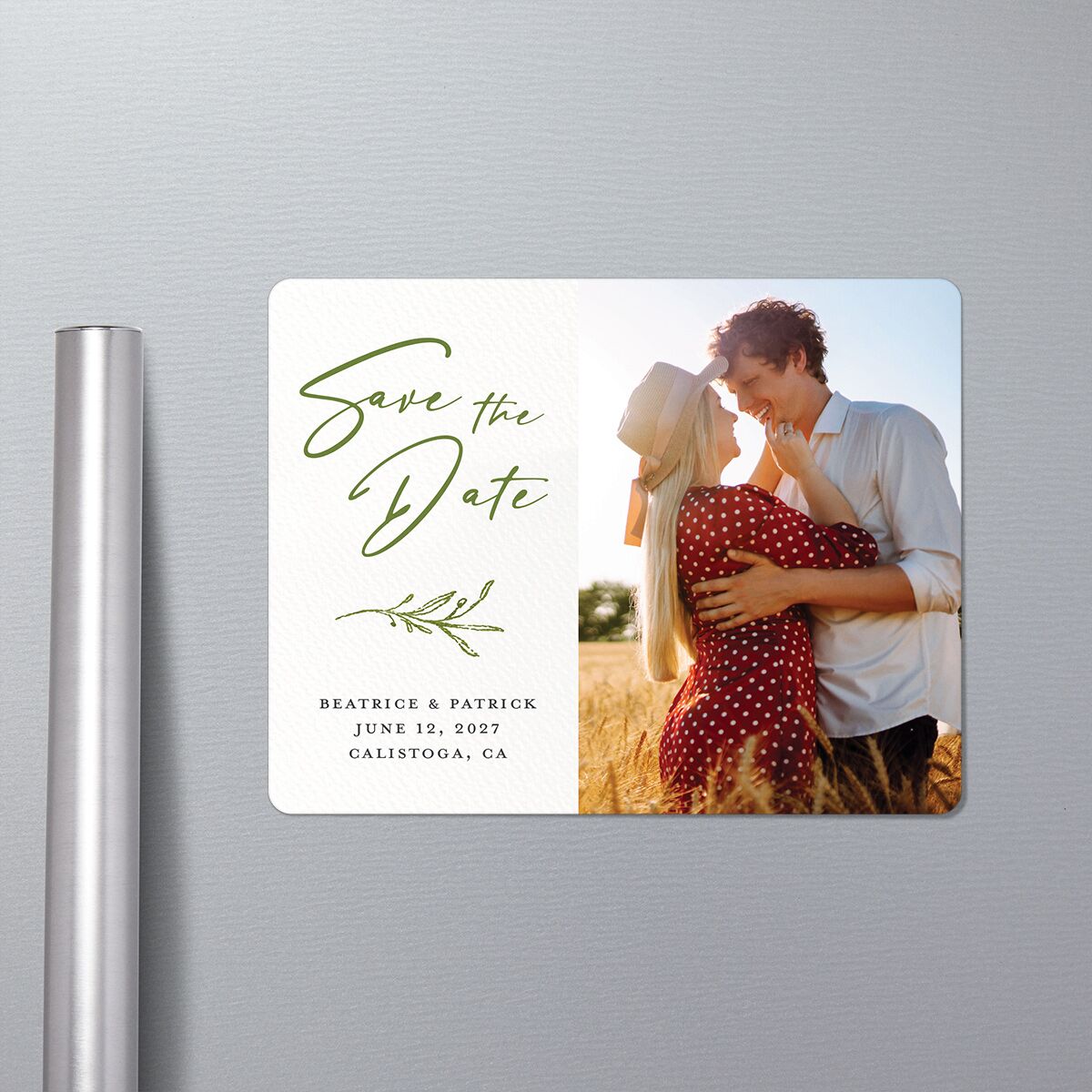 Romantic Setting Save The Date Magnets in-situ in Green