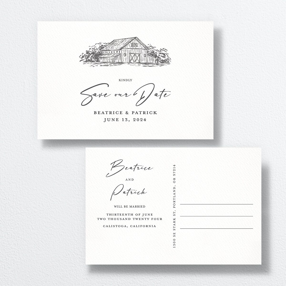 Romantic Setting Save The Date Postcards Medieval Grey