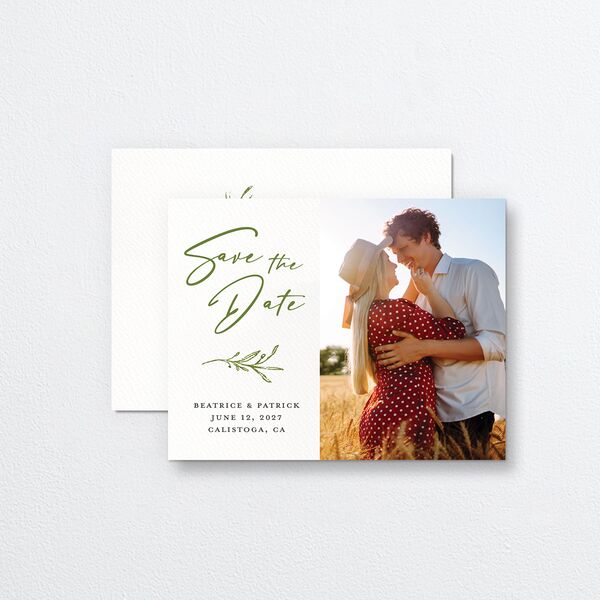 Romantic Setting Save the Date Petite Cards front-and-back in Green