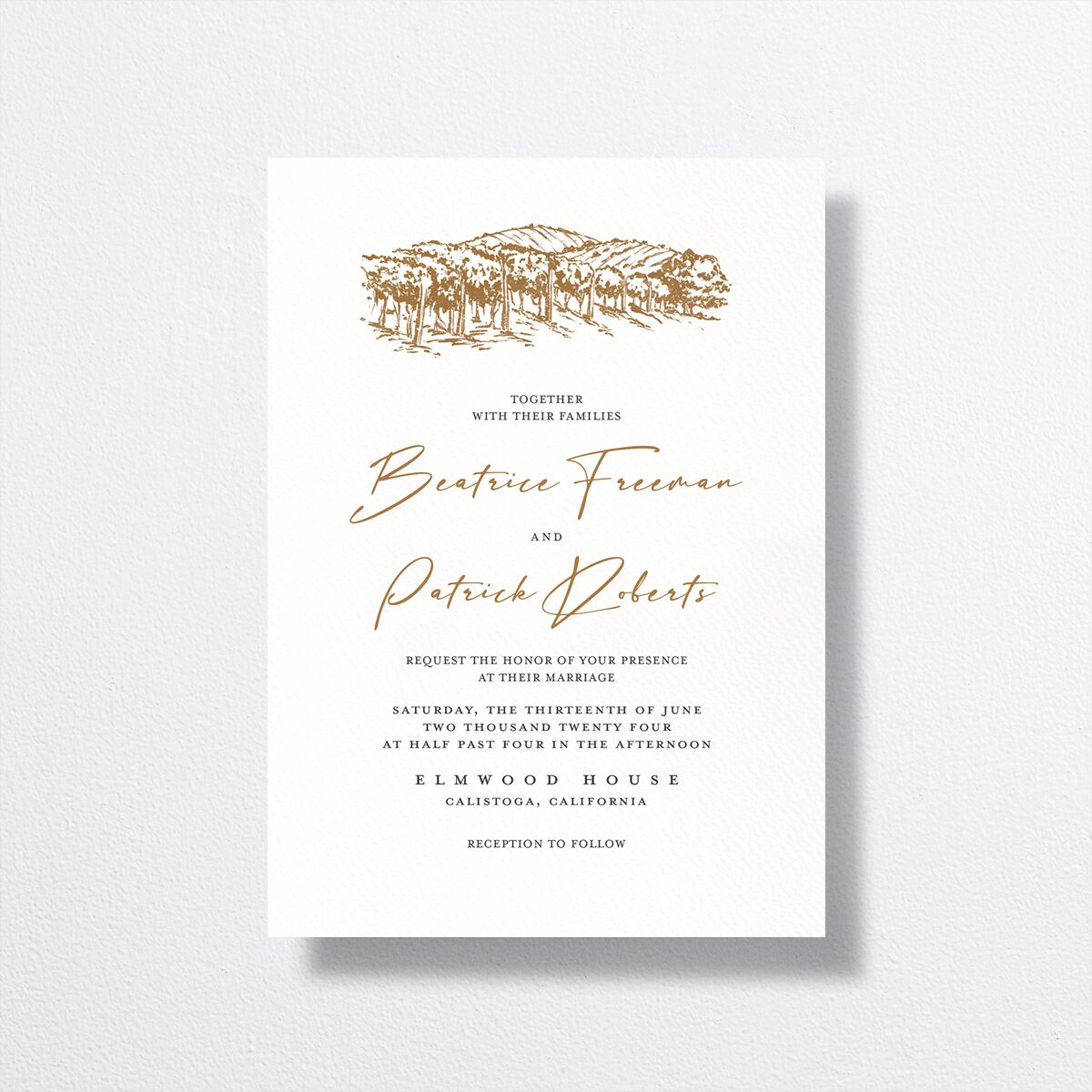 Romantic Setting Wedding Invitations front in gold
