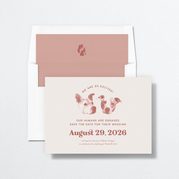 Custom Pet Portrait Save the Date Cards envelope-and-liner in Pink