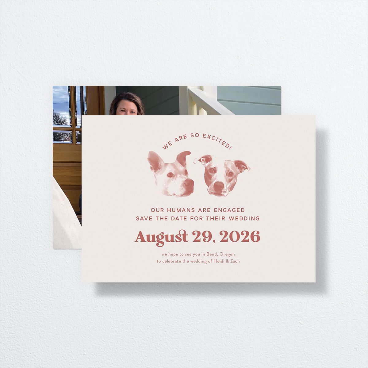 Custom Pet Portrait Save the Date Cards front-and-back in Pink