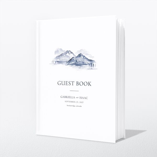 Watercolor Mountains Wedding Guest Book front in Blue