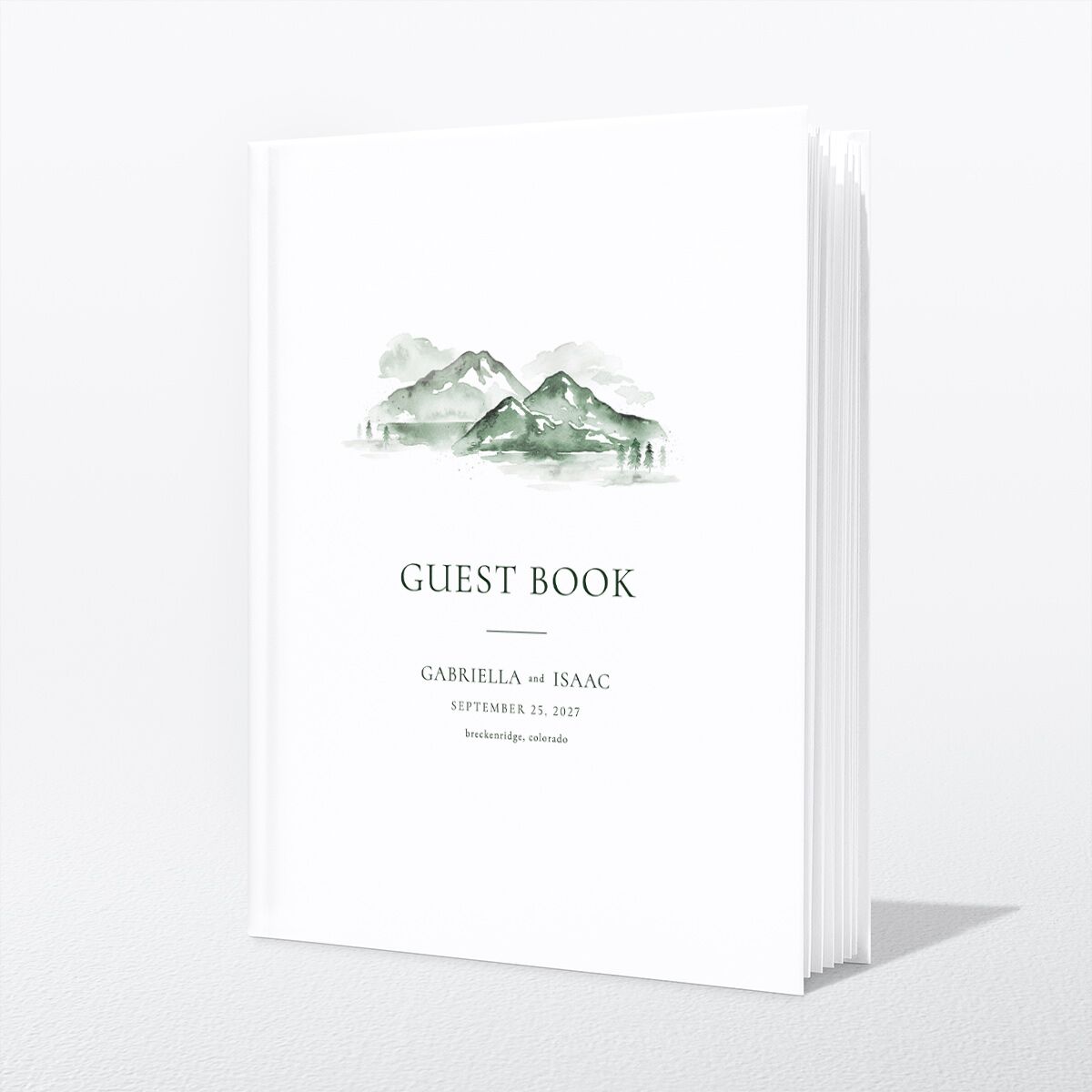 Watercolor Mountains Wedding Guest Book front in green