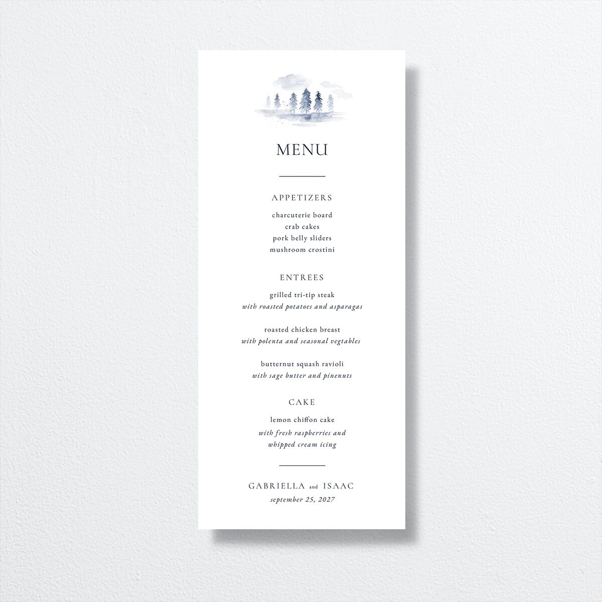 Watercolor Mountains Menus front in blue
