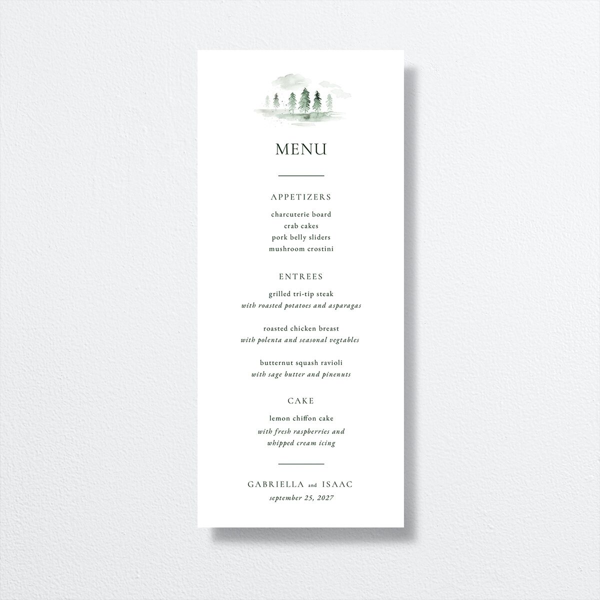 Watercolor Mountains Menus front in green