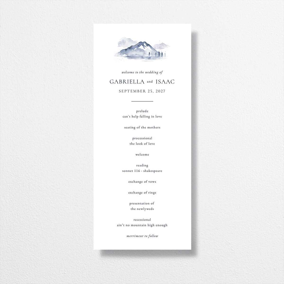 Watercolor Mountains Wedding Programs front in Blue