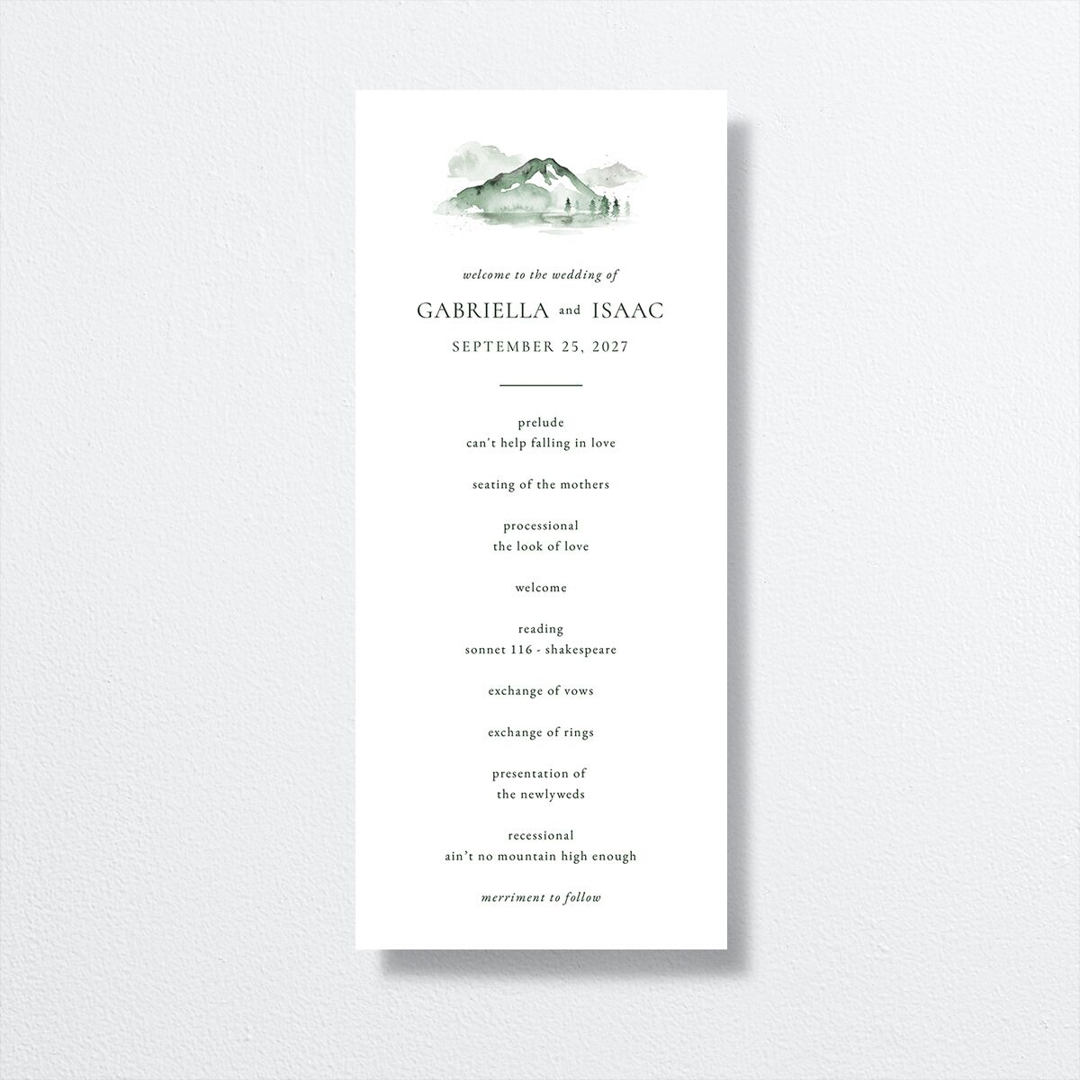 Watercolor Mountains Wedding Programs front in green