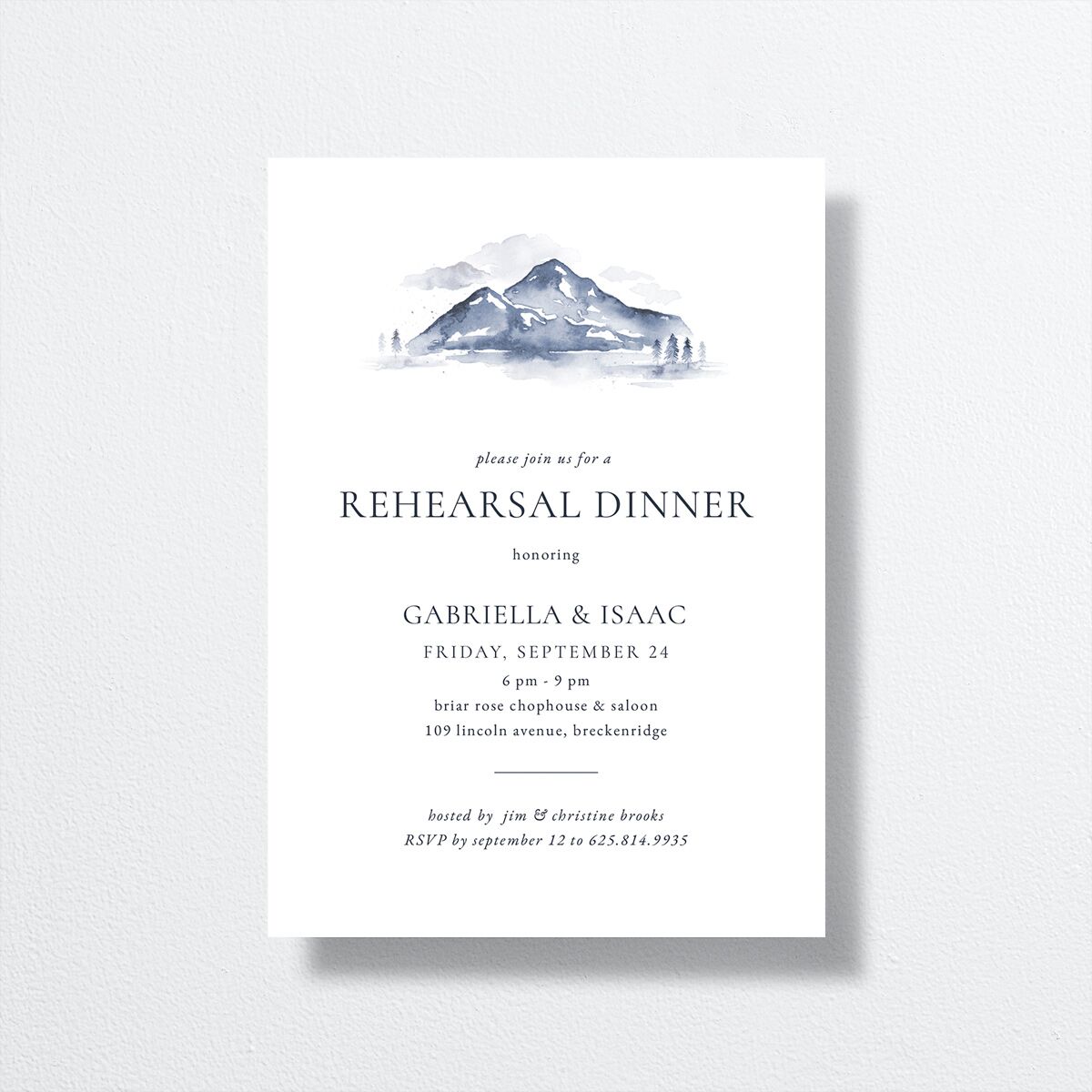 Watercolor Mountains Rehearsal Dinner Invitations front in blue
