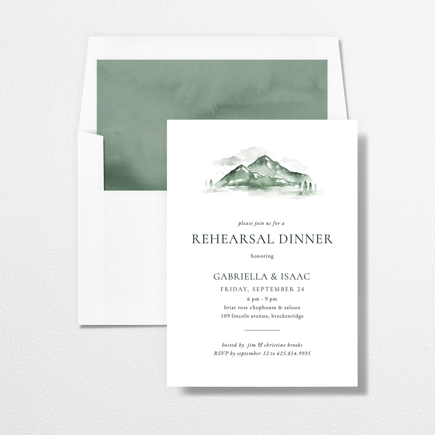 Watercolor Mountains Rehearsal Dinner Invitations envelope-and-liner in green