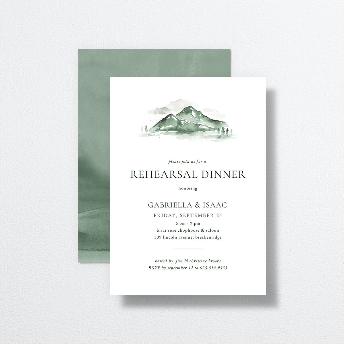 Watercolor Mountains Rehearsal Dinner Invitations front-and-back in green