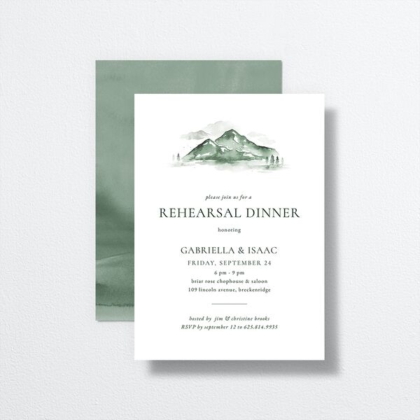 Watercolor Mountains Rehearsal Dinner Invitations front-and-back