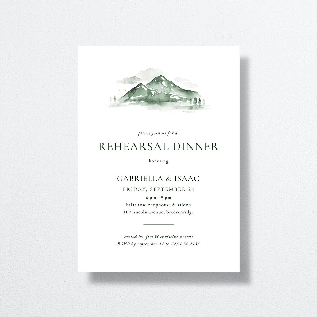 Watercolor Mountains Rehearsal Dinner Invitations front