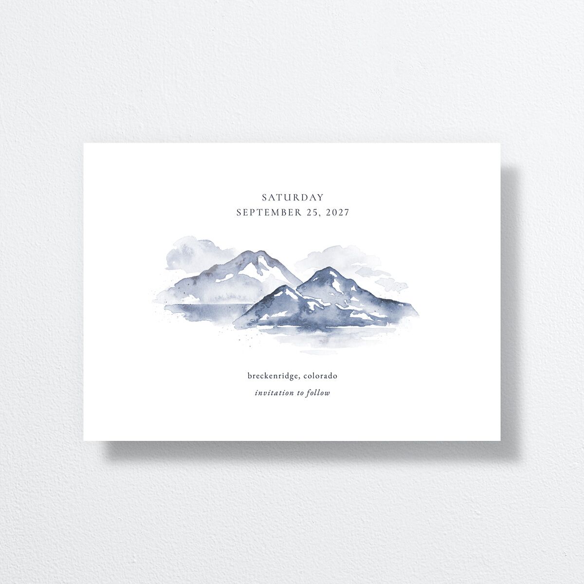 Watercolor Mountains Save The Date Cards back in blue