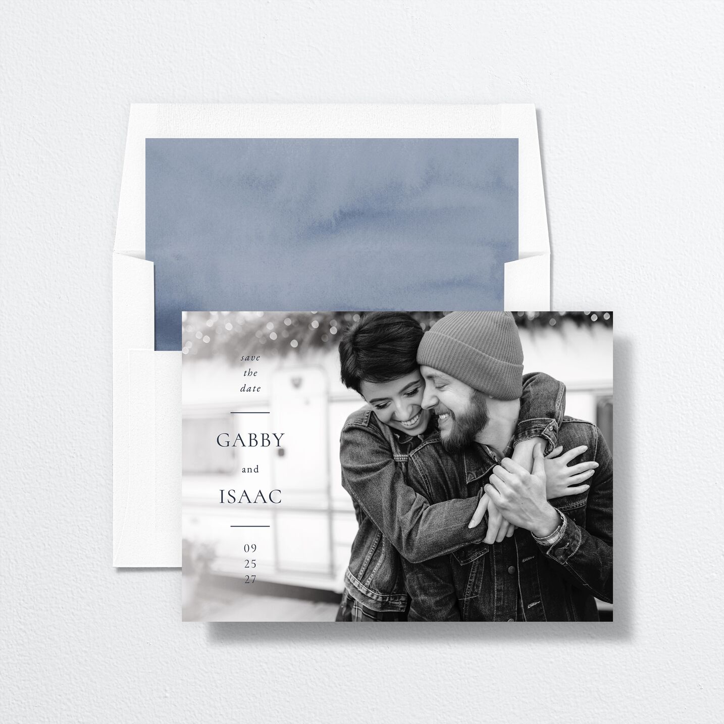 Watercolor Mountains Save The Date Cards envelope-and-liner in blue