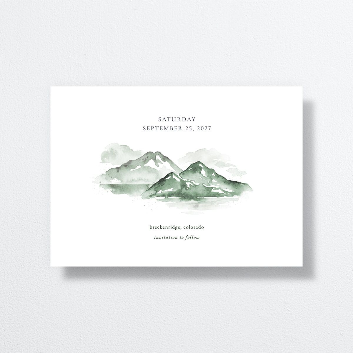 Watercolor Mountains Save The Date Cards back in green