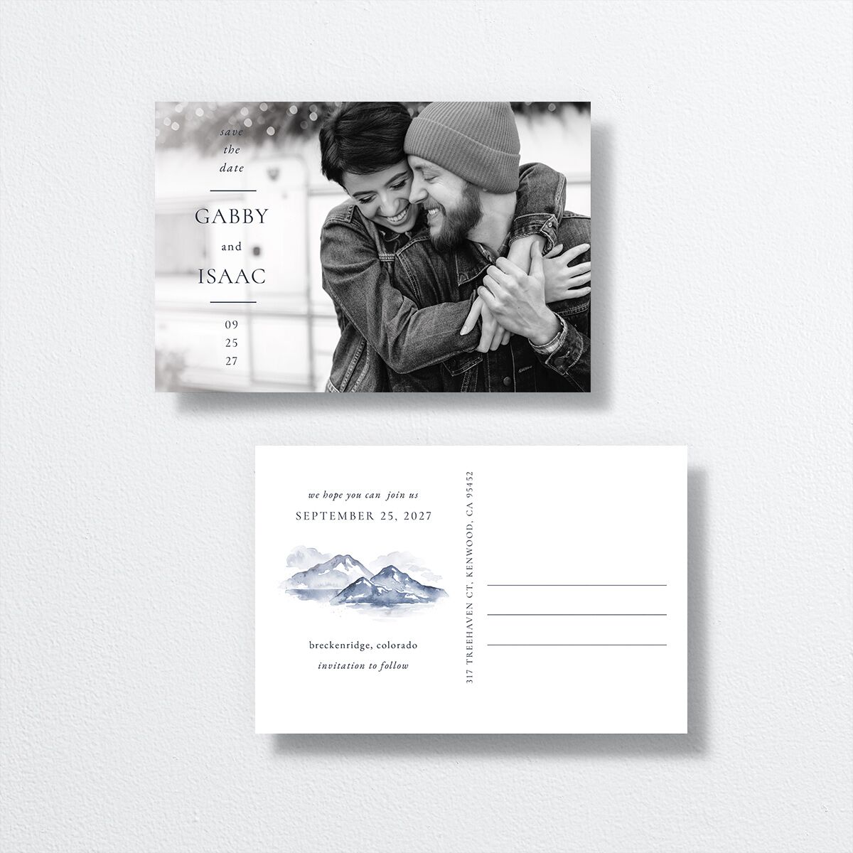 Watercolor Mountains Save The Date Postcards Regency Blue