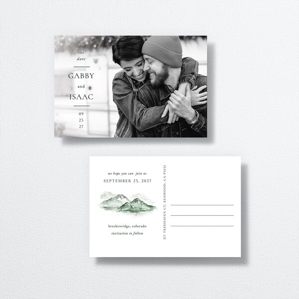 Watercolor Mountains Save The Date Postcards front-and-back