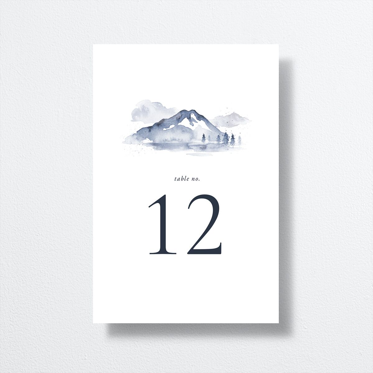 Watercolor Mountains Table Numbers front in blue