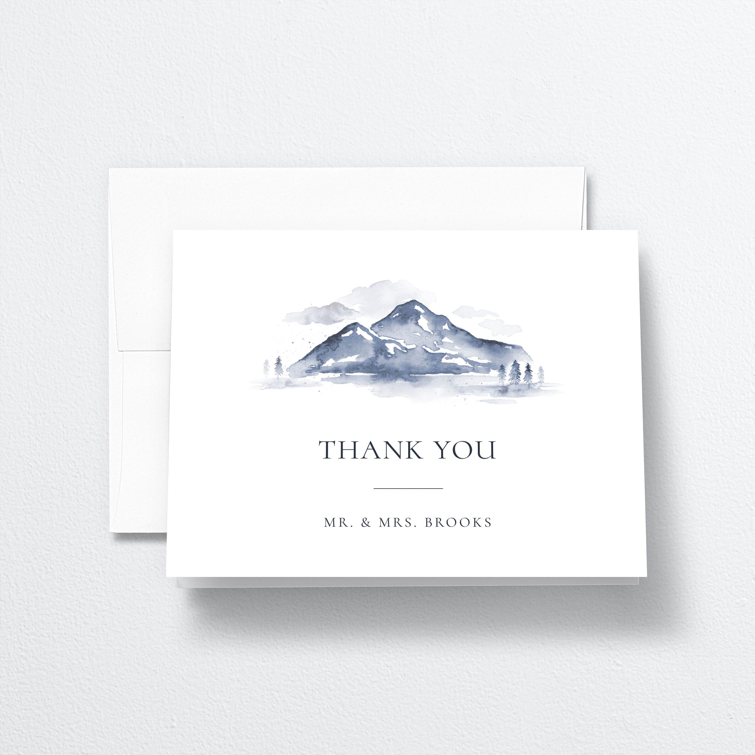Watercolor Mountains Thank You Cards front in blue
