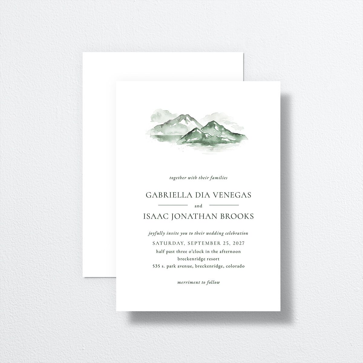 Watercolor Mountains Wedding Invitations front-and-back in green