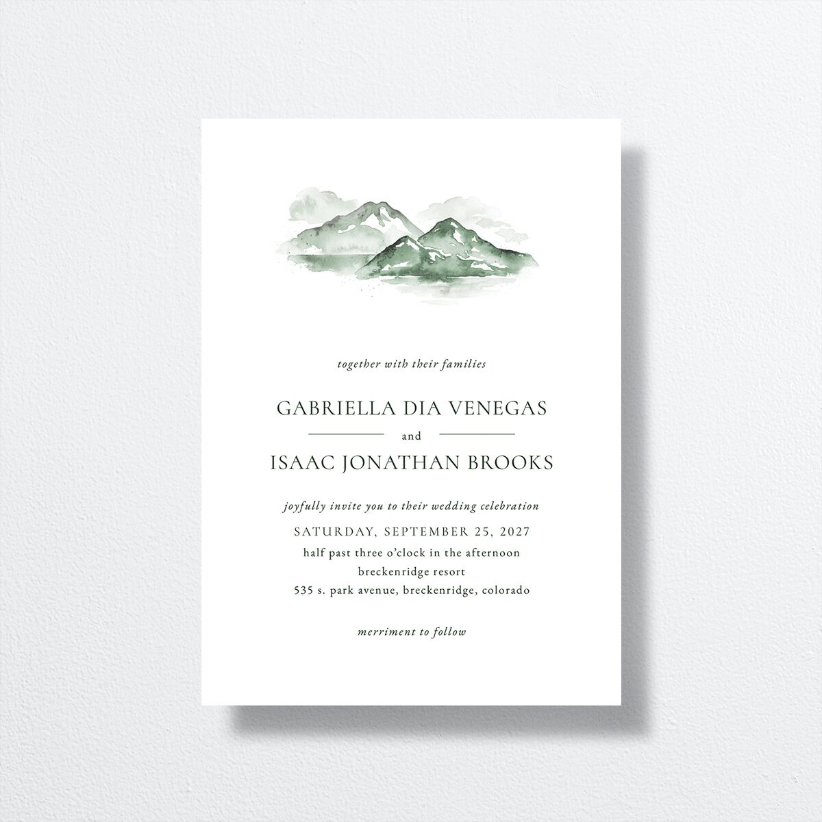 Watercolor Mountains Wedding Invitations front in green
