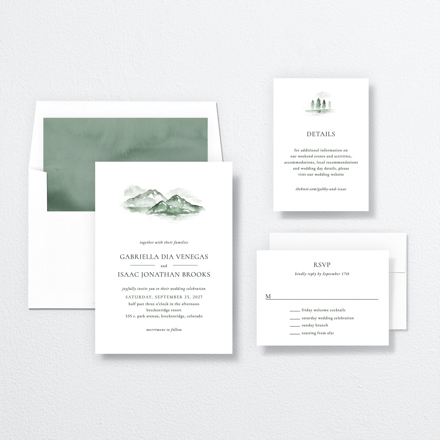 Watercolor Mountains Wedding Invitations suite in green
