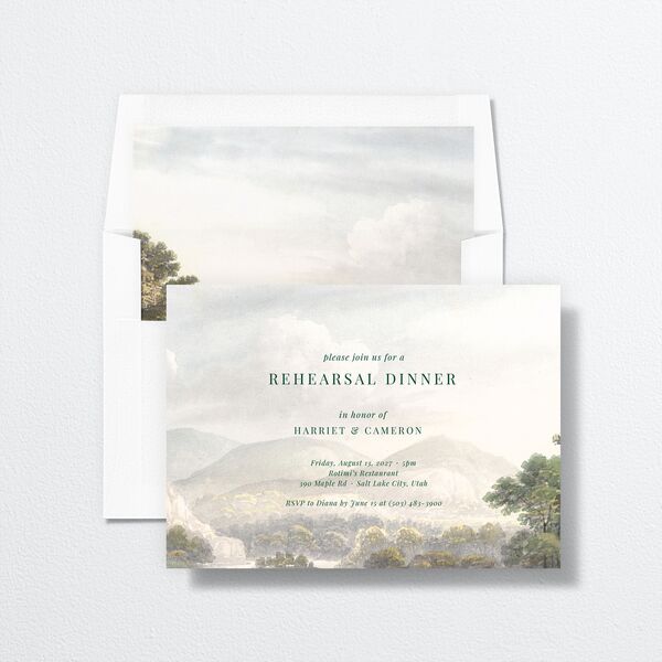 Vintage Landscape Rehearsal Dinner Invitations envelope-and-liner in Green