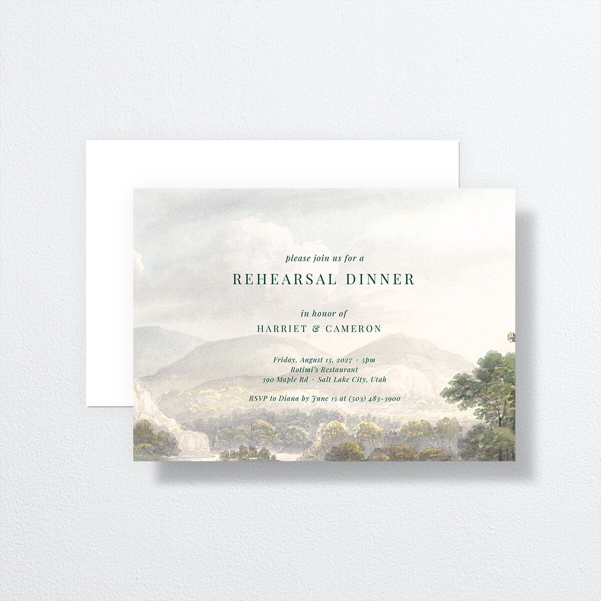 Vintage Landscape Rehearsal Dinner Invitations front-and-back in Green