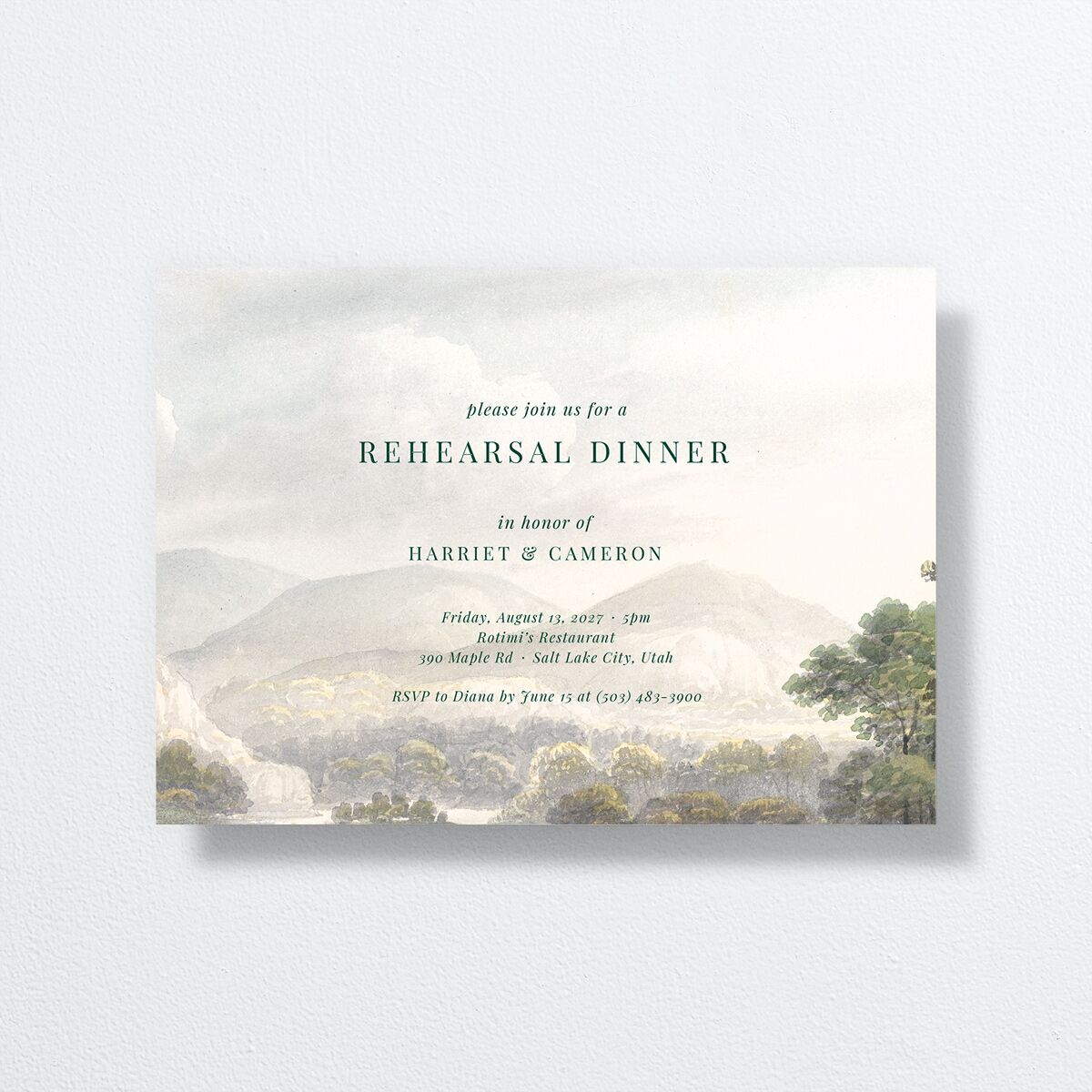 Vintage Landscape Rehearsal Dinner Invitations front in Green