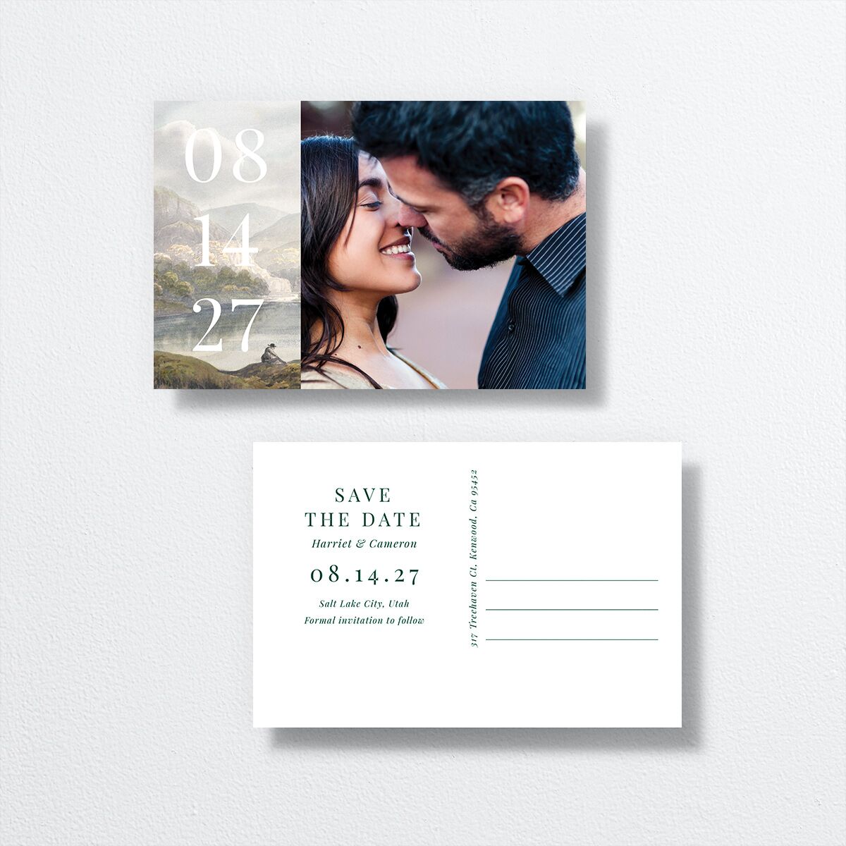 Vintage Landscape Save The Date Postcards  front-and-back in green