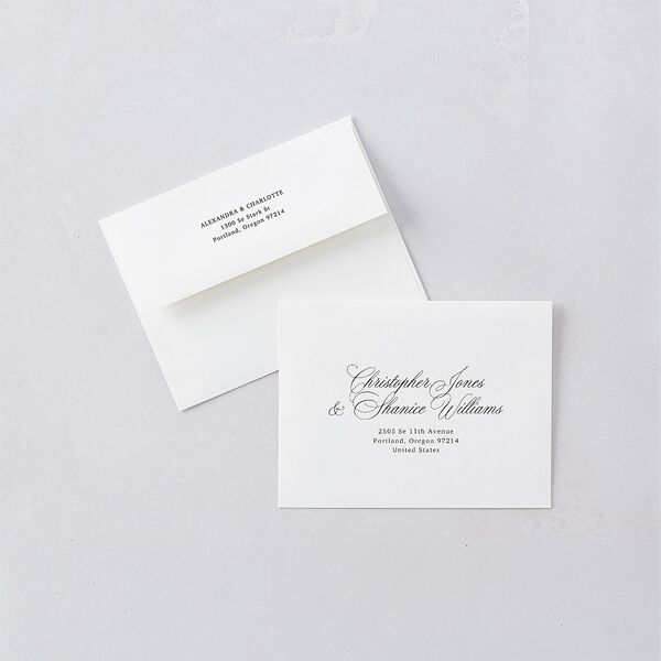 Elegant Old Money Script Photo Save the Date Magnet Envelopes White Pure White Both Recipient and Return Addresses Signature Standard