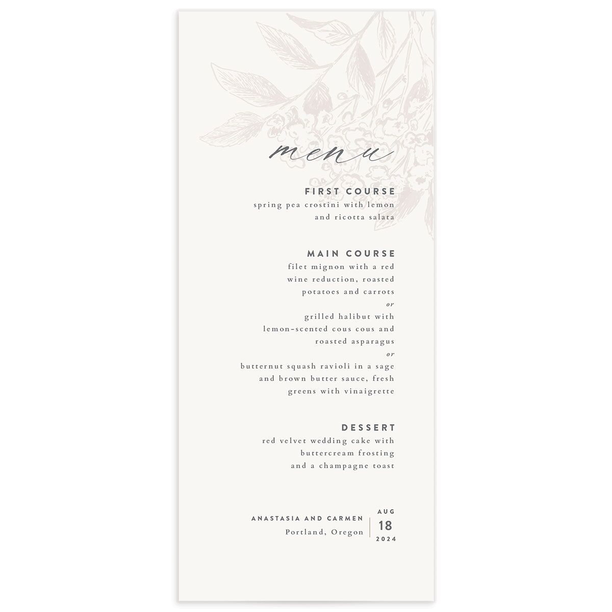 Subtle Romantic Menus Champagne Signature