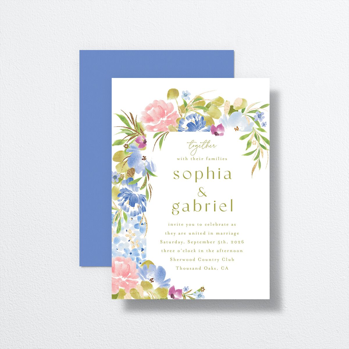 Spring Garden Wedding Invitations Gold Regency Blue Signature No