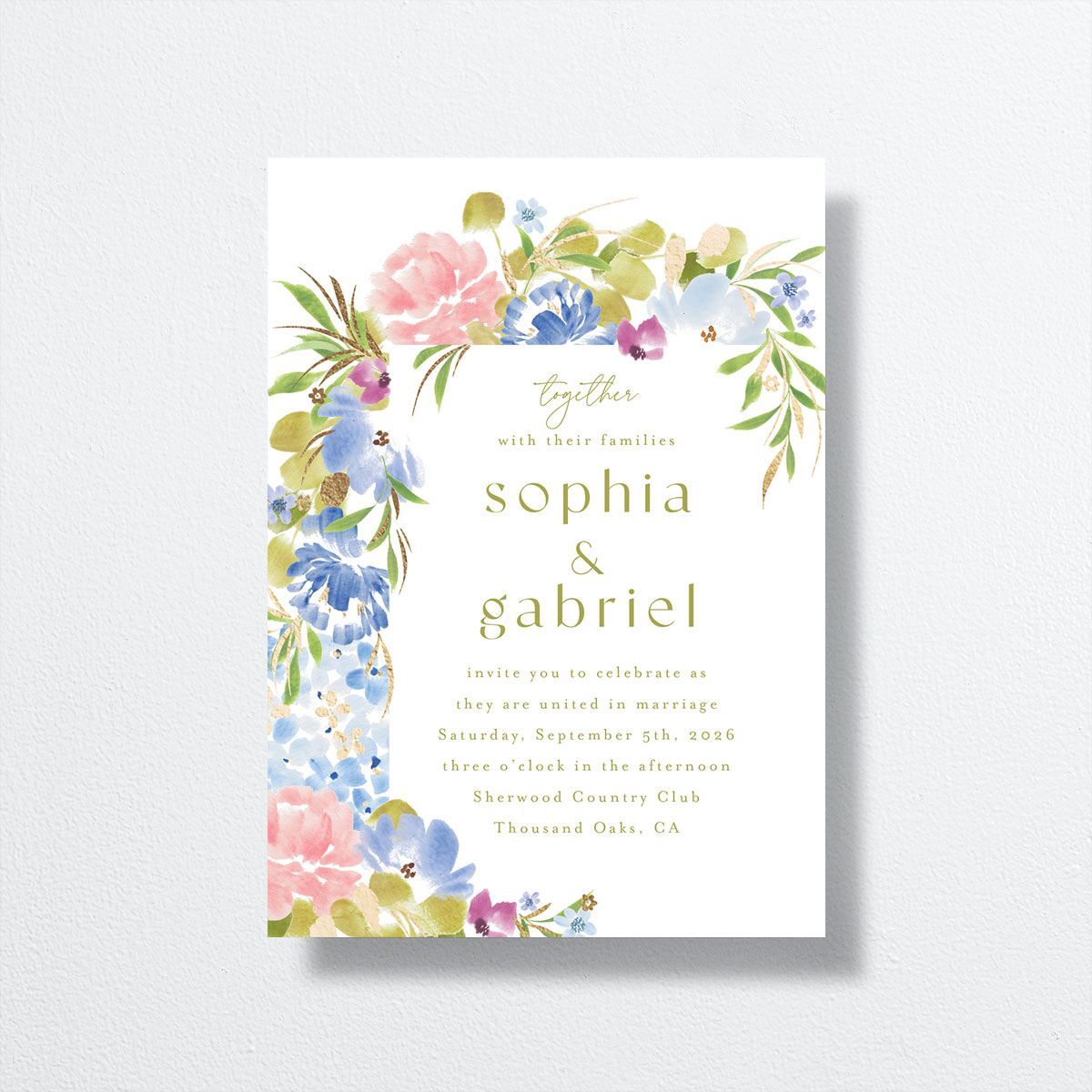 Spring Garden Wedding Invitations Gold Regency Blue Signature No