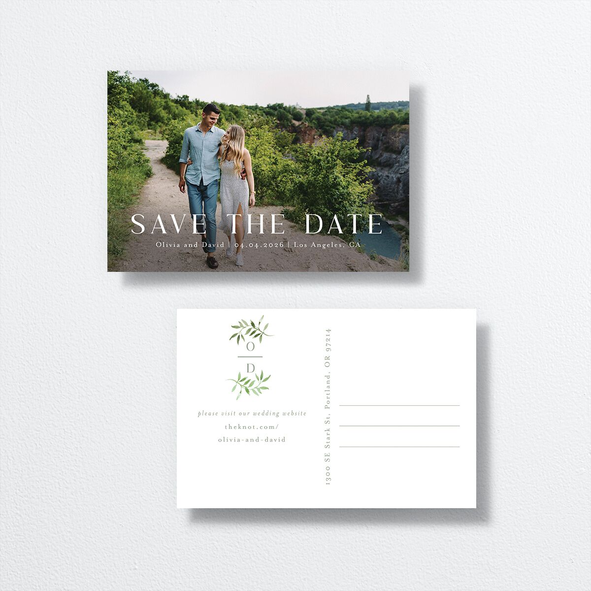 Vines Save The Date Postcards front-and-back in Green