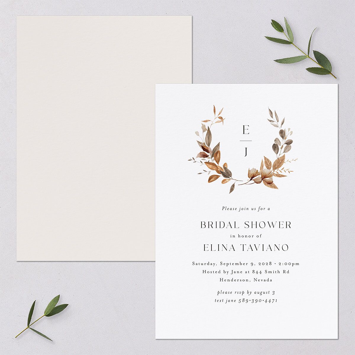 Leafy Rustic Monogram Bridal Shower Invitations — view 1