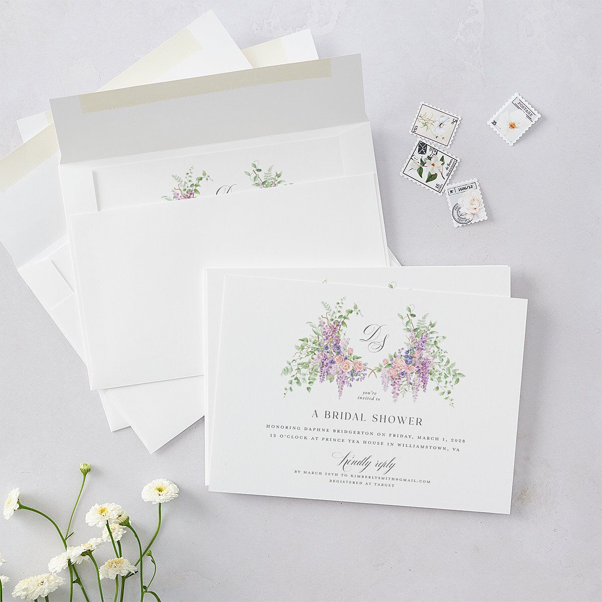 Formal Wisteria Garden Crest Bridal Shower Invitations by Bridgerton Purple Haze Signature Blank Standard
