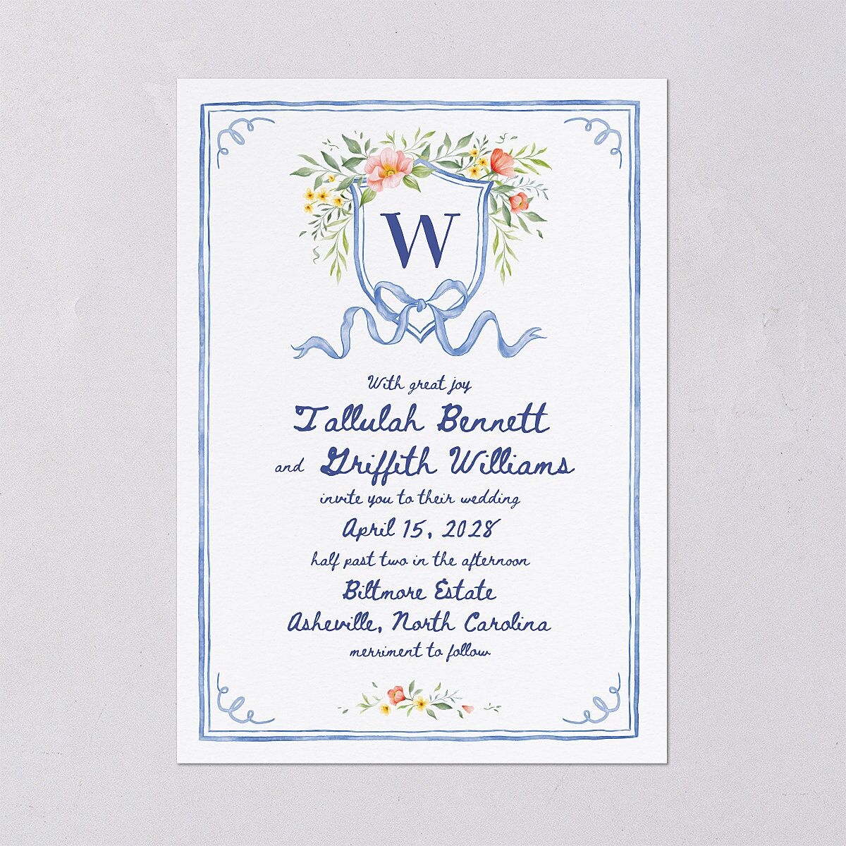 Countryside Crest Wedding Invitations Royal Blue Signature Blank No Standard