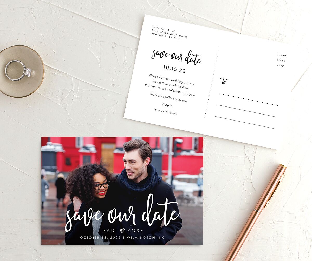 Lovely Letters Save The Date Postcards front-and-back in White