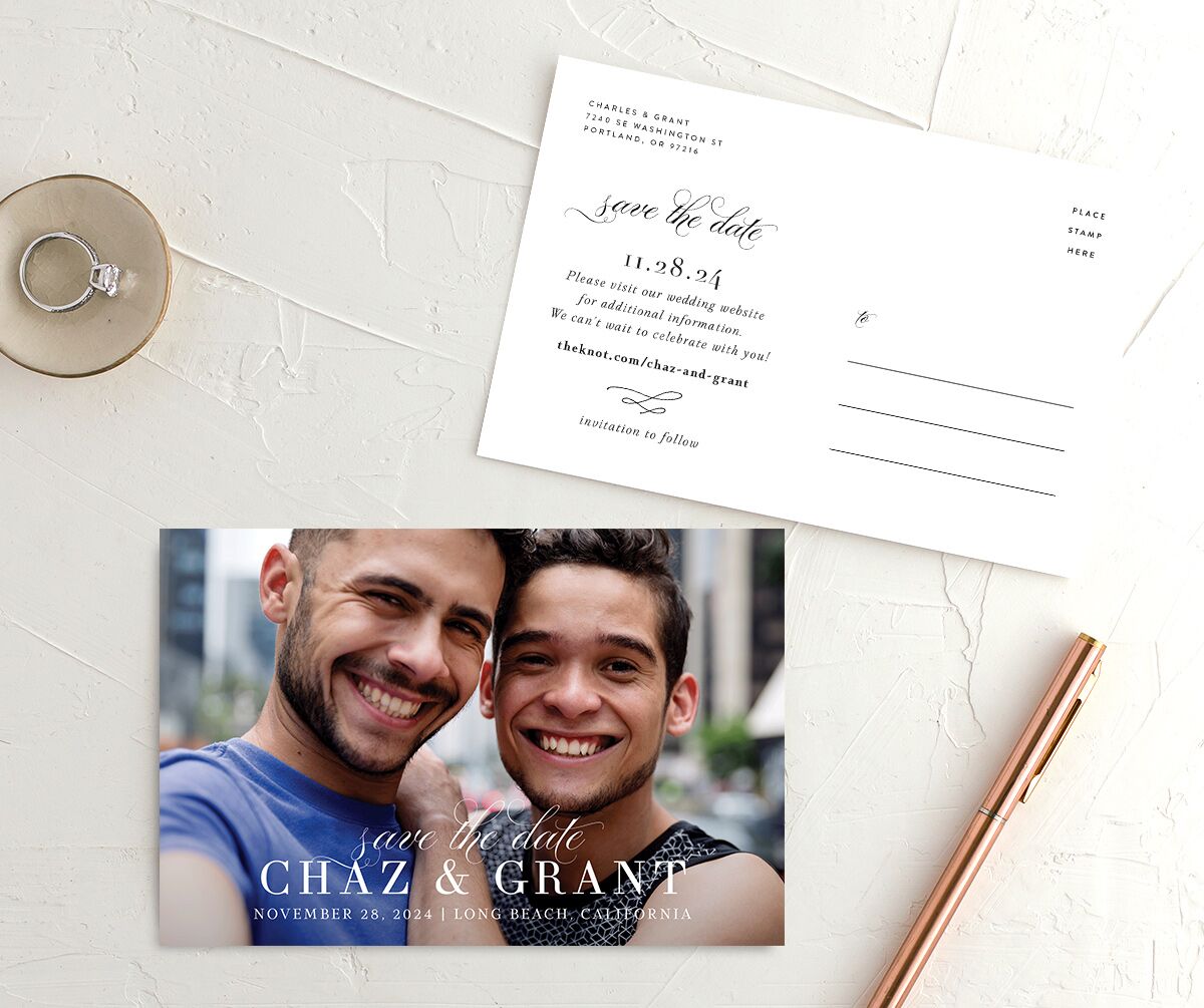 Delicate Type Save The Date Postcards front-and-back in White